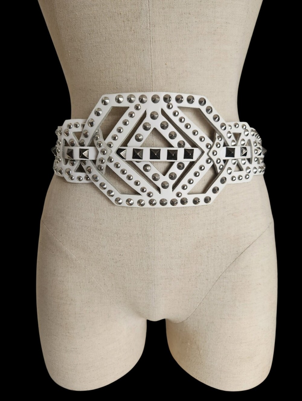 Y2K River Island Italian Leather Corset Statement Belt White Studs Sz Lrg